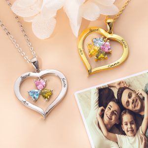 Personalized Heart Birthstone Necklace with Engraving in Silver