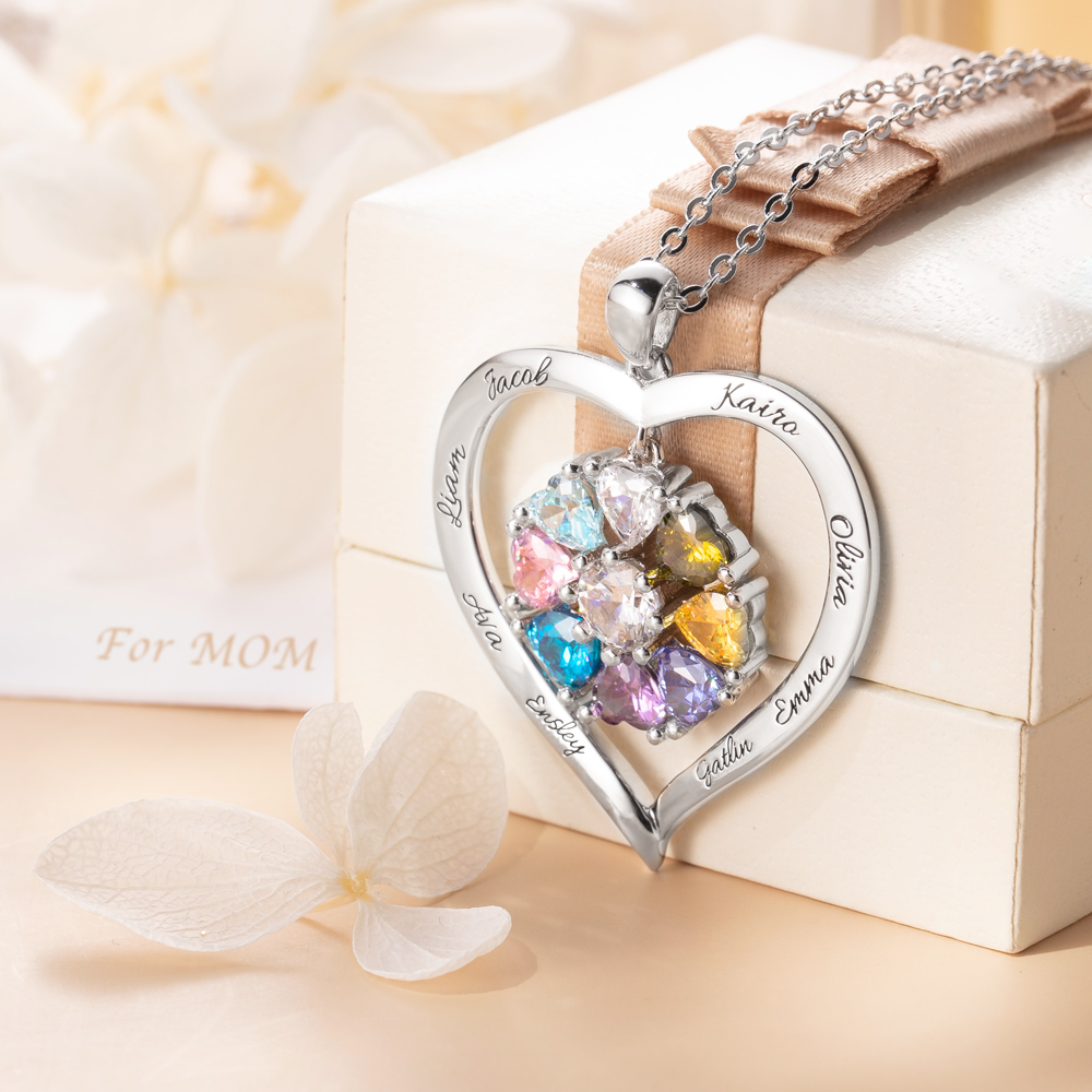Personalized Heart Birthstone Necklace with Engraving in Silver - immagine 2