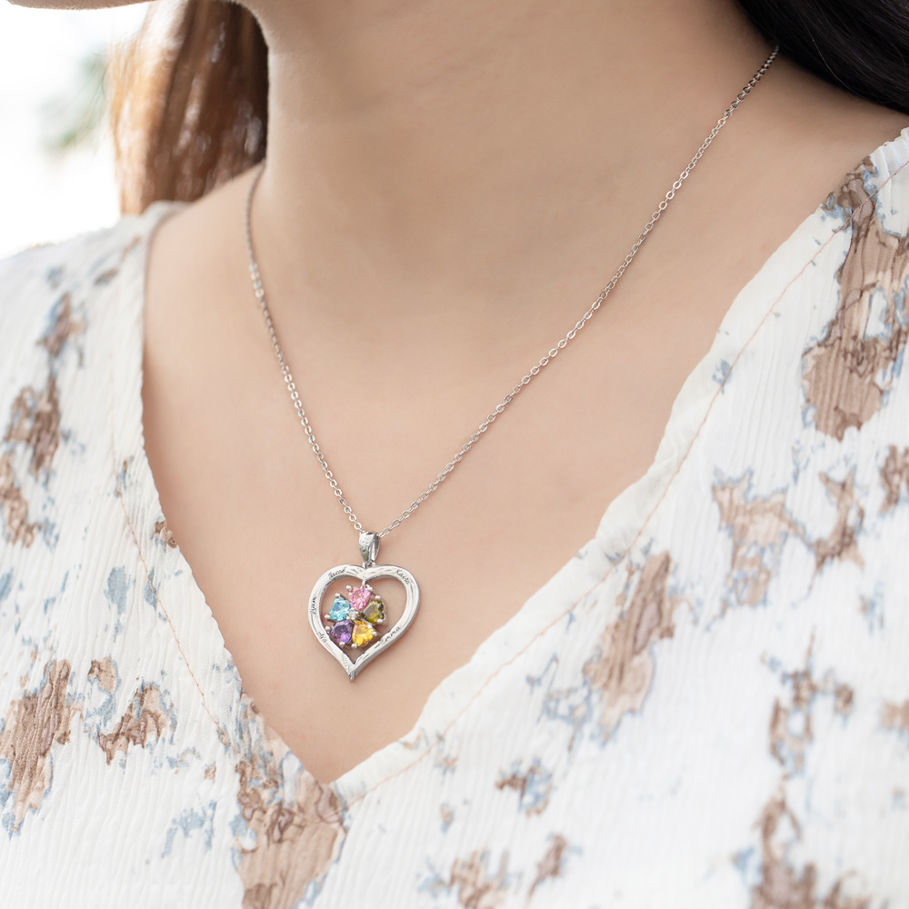 Personalized Heart Birthstone Necklace with Engraving in Silver - immagine 7