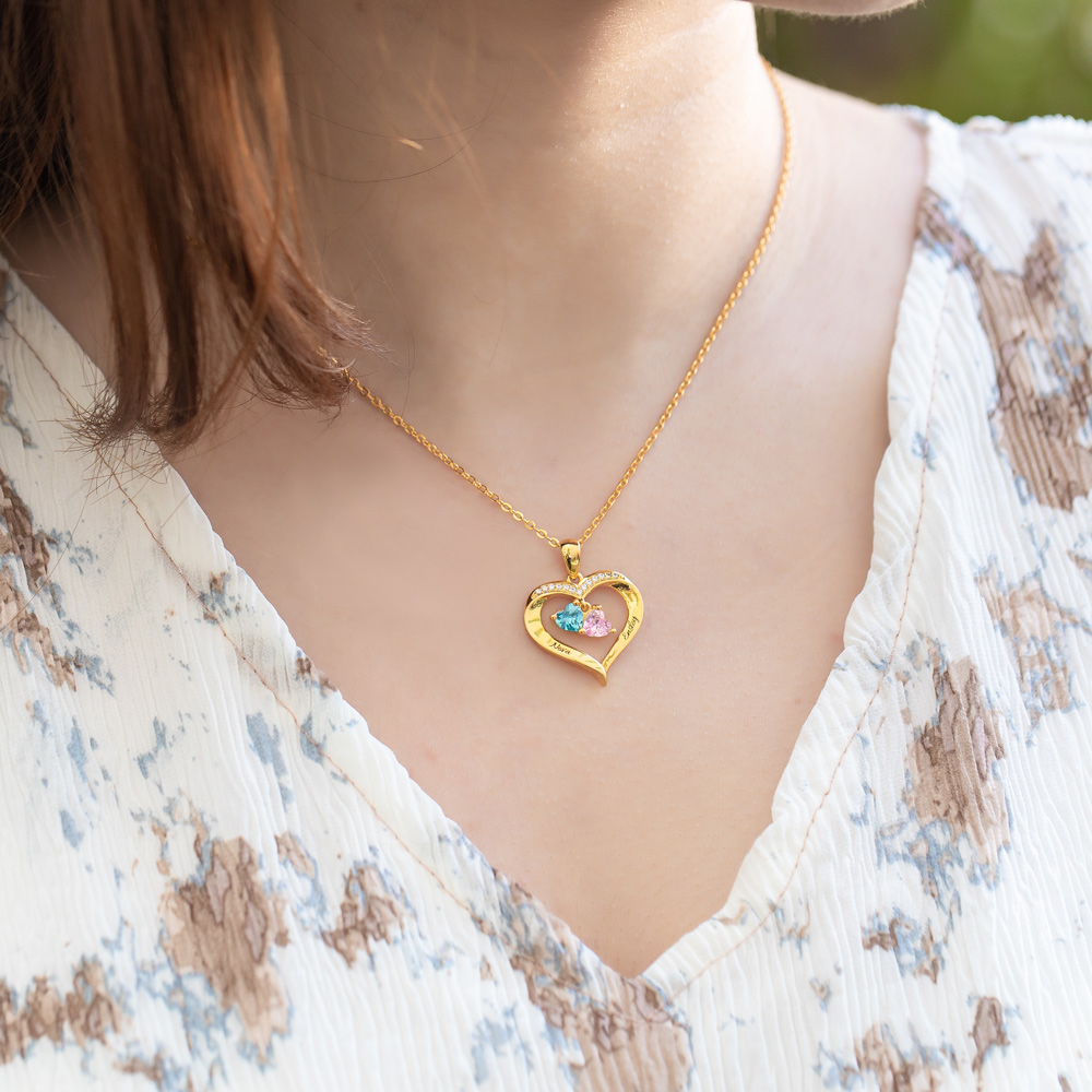 Personalized Heart Birthstone Necklace with Engraving in Silver - immagine 5