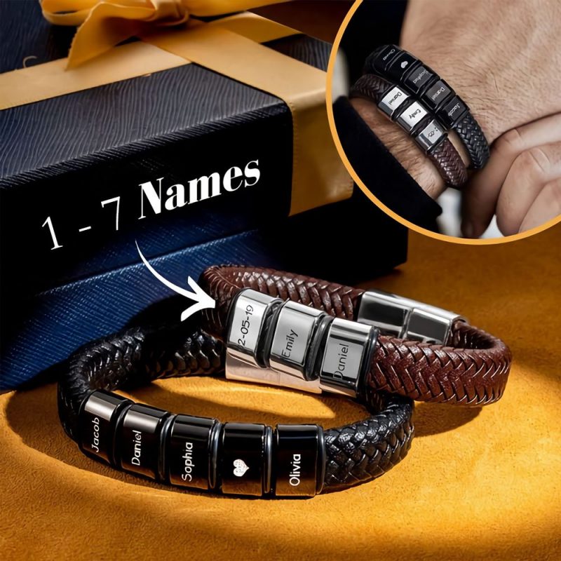 Classic handmade custom luxury leather black men's bracelet engraved with family member's name - immagine 11