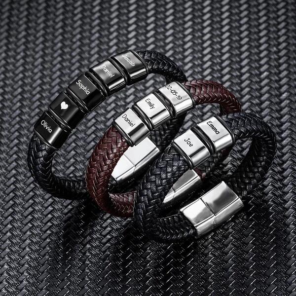 Classic handmade custom luxury leather black men's bracelet engraved with family member's name - immagine 12