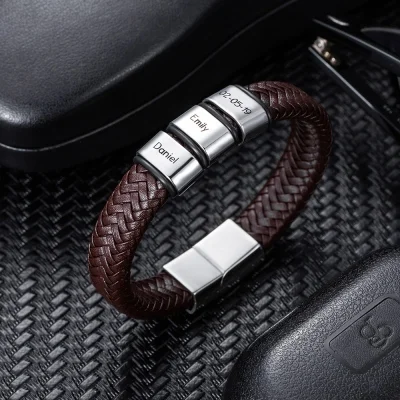 Classic handmade custom luxury leather black men's bracelet engraved with family member's name - immagine 6