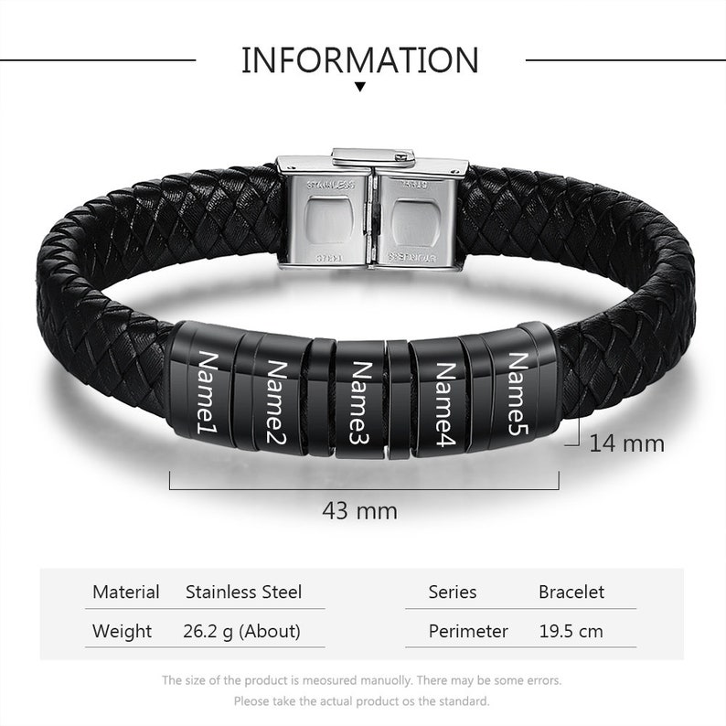 Classic handmade custom luxury leather black men's bracelet engraved with family member's name - immagine 4