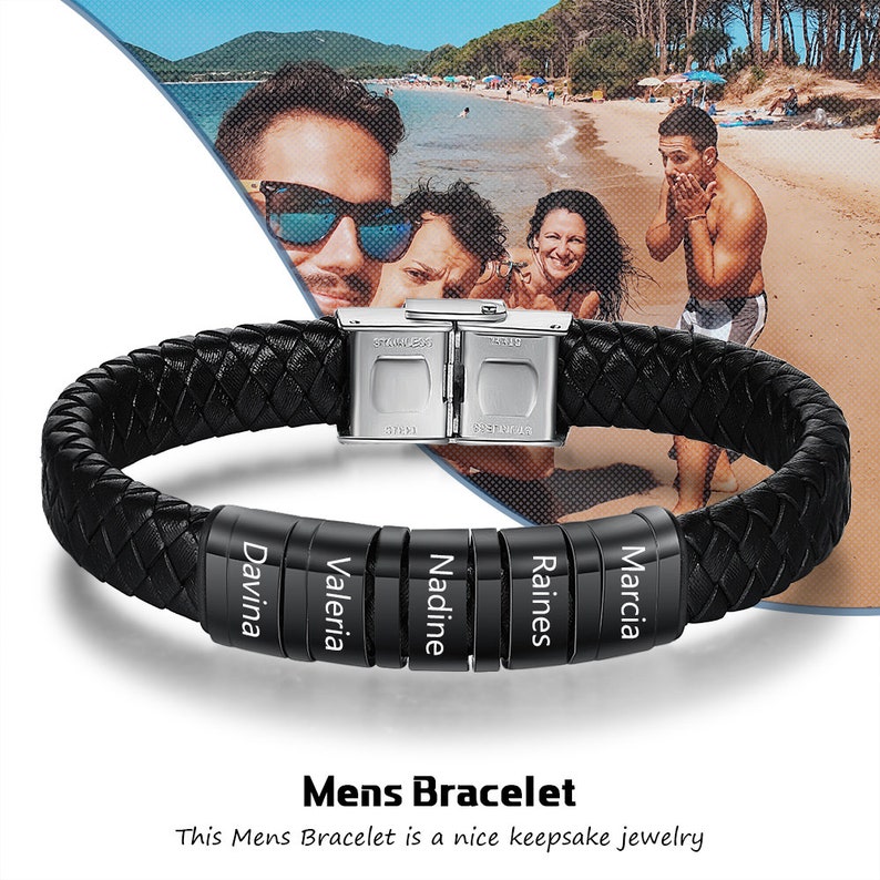 Classic handmade custom luxury leather black men's bracelet engraved with family member's name - immagine 10
