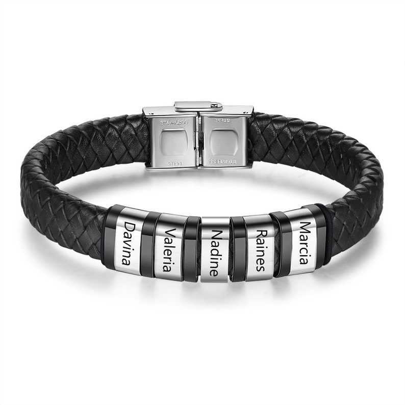 Classic handmade custom luxury leather black men's bracelet engraved with family member's name - immagine 8