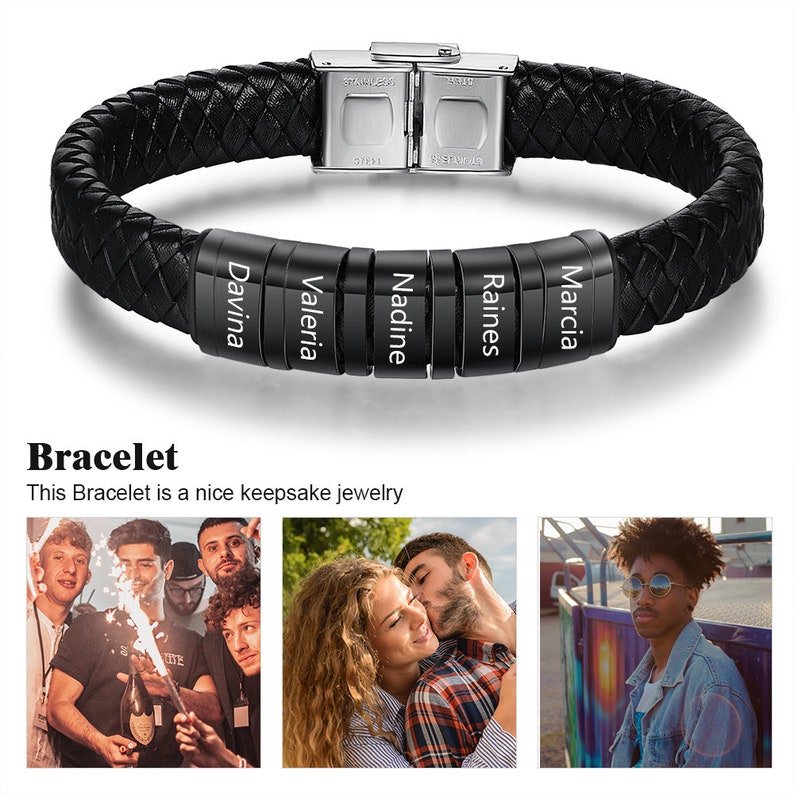 Classic handmade custom luxury leather black men's bracelet engraved with family member's name - immagine 9