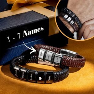 Classic handmade custom luxury leather black men's bracelet engraved with family member's name