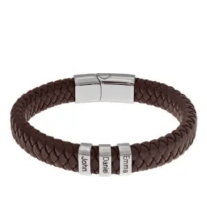Classic men's stylish leather beaded bracelet with laser engraved 1-7 names - immagine 2