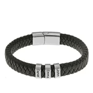 Classic men's stylish leather beaded bracelet with laser engraved 1-7 names - immagine 3