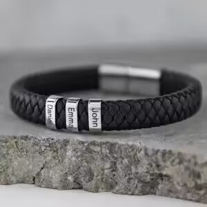 Classic men's stylish leather beaded bracelet with laser engraved 1-7 names - immagine 5