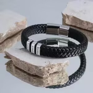 Classic men's stylish leather beaded bracelet with laser engraved 1-7 names - immagine 4
