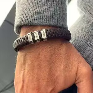 Classic men's stylish leather beaded bracelet with laser engraved 1-7 names